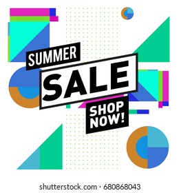 Summer sale geometric style web banner. Fashion and travel discount. Vector holiday Abstract colorful illustration with special offers and promotion.