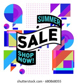 Summer sale geometric style web banner. Fashion and travel discount. Vector holiday Abstract colorful illustration with special offers and promotion.