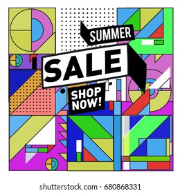 Summer sale geometric style web banner. Fashion and travel discount. Vector holiday Abstract colorful illustration with special offers and promotion.