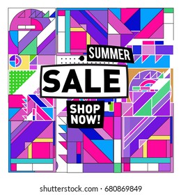 Summer sale geometric style web banner. Fashion and travel discount. Vector holiday Abstract colorful illustration with special offers and promotion.