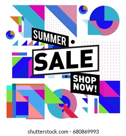 Summer sale geometric style web banner. Fashion and travel discount. Vector holiday Abstract colorful illustration with special offers and promotion.