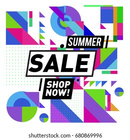 Summer sale geometric style web banner. Fashion and travel discount. Vector holiday Abstract colorful illustration with special offers and promotion.