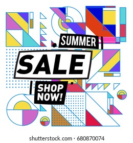 Summer sale geometric style web banner. Fashion and travel discount. Vector holiday Abstract colorful illustration with special offers and promotion.