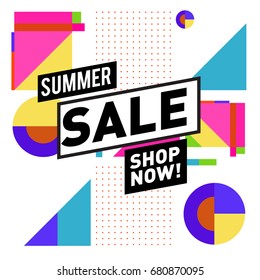 Summer sale geometric style web banner. Fashion and travel discount. Vector holiday Abstract colorful illustration with special offers and promotion.