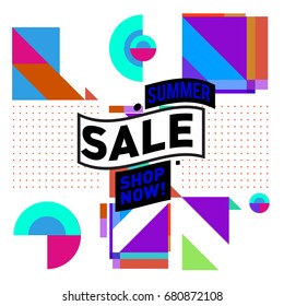 Summer sale geometric style web banner. Fashion and travel discount. Vector holiday Abstract colorful illustration with special offers and promotion.