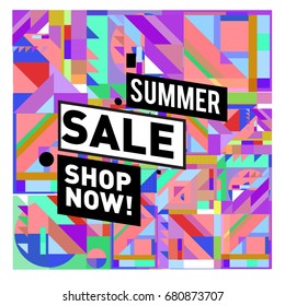 Summer sale geometric style web banner. Fashion and travel discount. Vector holiday Abstract colorful illustration with special offers and promotion.