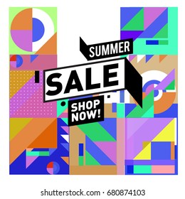 Summer sale geometric style web banner. Fashion and travel discount. Vector holiday Abstract colorful illustration with special offers and promotion.