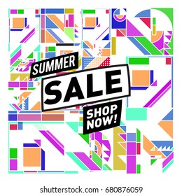 Summer sale geometric style web banner. Fashion and travel discount. Vector holiday Abstract colorful illustration with special offers and promotion.