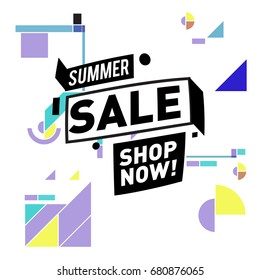 Summer sale geometric style web banner. Fashion and travel discount. Vector holiday Abstract colorful illustration with special offers and promotion.