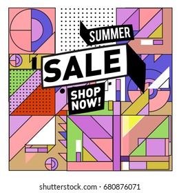 Summer sale geometric style web banner. Fashion and travel discount. Vector holiday Abstract colorful illustration with special offers and promotion.