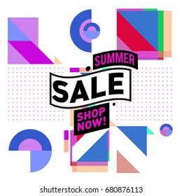 Summer sale geometric style web banner. Fashion and travel discount. Vector holiday Abstract colorful illustration with special offers and promotion.