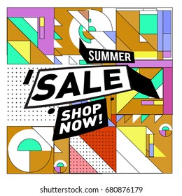Summer sale geometric style web banner. Fashion and travel discount. Vector holiday Abstract colorful illustration with special offers and promotion.