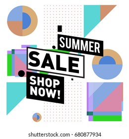 Summer sale geometric style web banner. Fashion and travel discount. Vector holiday Abstract colorful illustration with special offers and promotion.