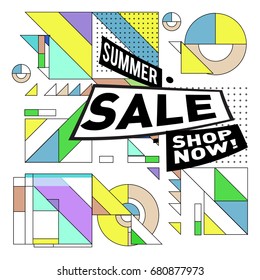 Summer sale geometric style web banner. Fashion and travel discount. Vector holiday Abstract colorful illustration with special offers and promotion.