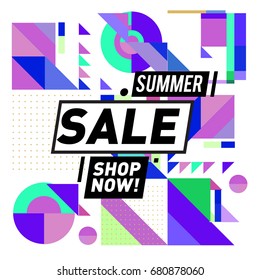 Summer sale geometric style web banner. Fashion and travel discount. Vector holiday Abstract colorful illustration with special offers and promotion.