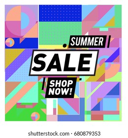 Summer sale geometric style web banner. Fashion and travel discount. Vector holiday Abstract colorful illustration with special offers and promotion.