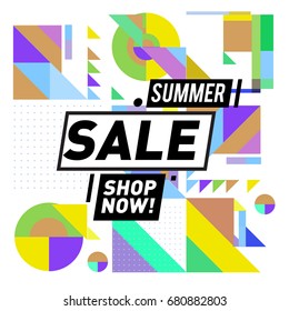 Summer sale geometric style web banner. Fashion and travel discount. Vector holiday Abstract colorful illustration with special offers and promotion.