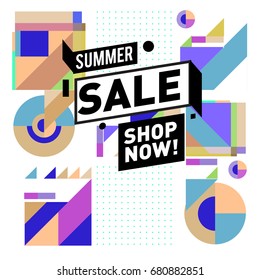 Summer sale geometric style web banner. Fashion and travel discount. Vector holiday Abstract colorful illustration with special offers and promotion.