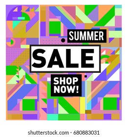 Summer sale geometric style web banner. Fashion and travel discount. Vector holiday Abstract colorful illustration with special offers and promotion.