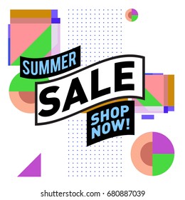 Summer sale geometric style web banner. Fashion and travel discount. Vector holiday Abstract colorful illustration with special offers and promotion.