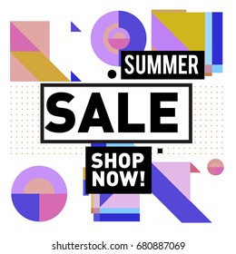 Summer sale geometric style web banner. Fashion and travel discount. Vector holiday Abstract colorful illustration with special offers and promotion.