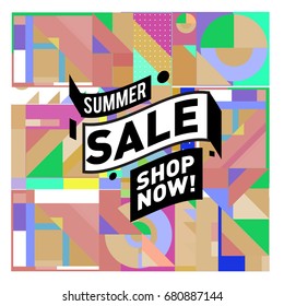 Summer sale geometric style web banner. Fashion and travel discount. Vector holiday Abstract colorful illustration with special offers and promotion.