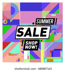 Summer sale geometric style web banner. Fashion and travel discount. Vector holiday Abstract colorful illustration with special offers and promotion.