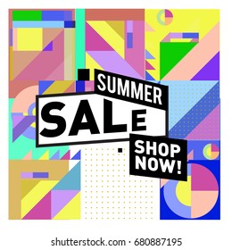Summer sale geometric style web banner. Fashion and travel discount. Vector holiday Abstract colorful illustration with special offers and promotion.