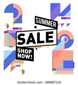 Summer sale geometric style web banner. Fashion and travel discount. Vector holiday Abstract colorful illustration with special offers and promotion.