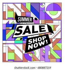 Summer sale geometric style web banner. Fashion and travel discount. Vector holiday Abstract colorful illustration with special offers and promotion.