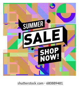 Summer sale geometric style web banner. Fashion and travel discount. Vector holiday Abstract colorful illustration with special offers and promotion.