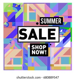Summer sale geometric style web banner. Fashion and travel discount. Vector holiday Abstract colorful illustration with special offers and promotion.