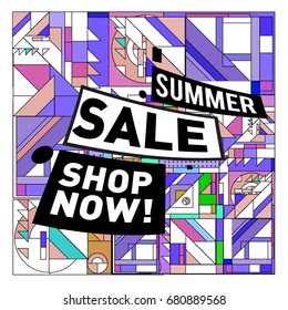 Summer sale geometric style web banner. Fashion and travel discount. Vector holiday Abstract colorful illustration with special offers and promotion.