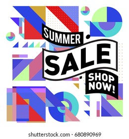 Summer sale geometric style web banner. Fashion and travel discount. Vector holiday Abstract colorful illustration with special offers and promotion.