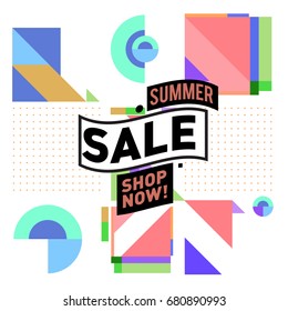 Summer sale geometric style web banner. Fashion and travel discount. Vector holiday Abstract colorful illustration with special offers and promotion.