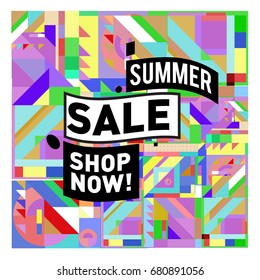 Summer sale geometric style web banner. Fashion and travel discount. Vector holiday Abstract colorful illustration with special offers and promotion.