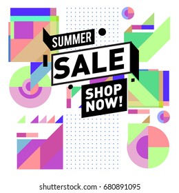 Summer sale geometric style web banner. Fashion and travel discount. Vector holiday Abstract colorful illustration with special offers and promotion.