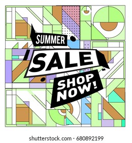 Summer sale geometric style web banner. Fashion and travel discount. Vector holiday Abstract colorful illustration with special offers and promotion.