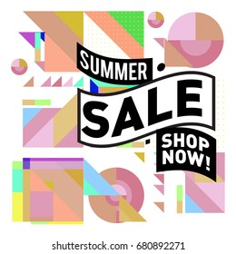 Summer sale geometric style web banner. Fashion and travel discount. Vector holiday Abstract colorful illustration with special offers and promotion.