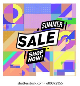 Summer sale geometric style web banner. Fashion and travel discount. Vector holiday Abstract colorful illustration with special offers and promotion.