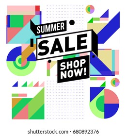 Summer sale geometric style web banner. Fashion and travel discount. Vector holiday Abstract colorful illustration with special offers and promotion.
