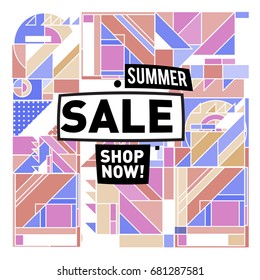 Summer sale geometric style web banner. Fashion and travel discount. Vector holiday Abstract colorful illustration with special offers and promotion.