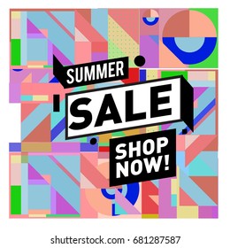 Summer sale geometric style web banner. Fashion and travel discount. Vector holiday Abstract colorful illustration with special offers and promotion.
