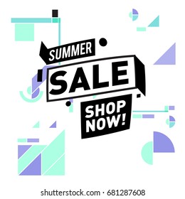 Summer sale geometric style web banner. Fashion and travel discount. Vector holiday Abstract colorful illustration with special offers and promotion.
