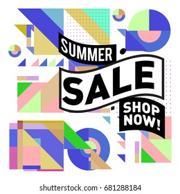 Summer sale geometric style web banner. Fashion and travel discount. Vector holiday Abstract colorful illustration with special offers and promotion.
