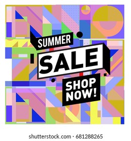 Summer sale geometric style web banner. Fashion and travel discount. Vector holiday Abstract colorful illustration with special offers and promotion.
