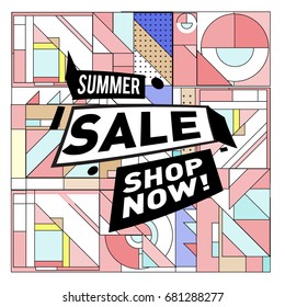 Summer sale geometric style web banner. Fashion and travel discount. Vector holiday Abstract colorful illustration with special offers and promotion.