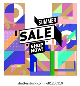 Summer sale geometric style web banner. Fashion and travel discount. Vector holiday Abstract colorful illustration with special offers and promotion.