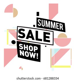 Summer sale geometric style web banner. Fashion and travel discount. Vector holiday Abstract colorful illustration with special offers and promotion.