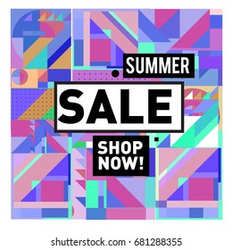 Summer sale geometric style web banner. Fashion and travel discount. Vector holiday Abstract colorful illustration with special offers and promotion.